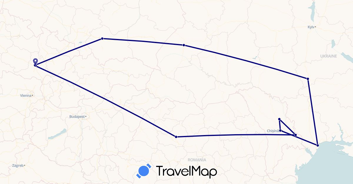 TravelMap itinerary: driving in Czech Republic, Moldova, Poland, Romania, Ukraine (Europe)